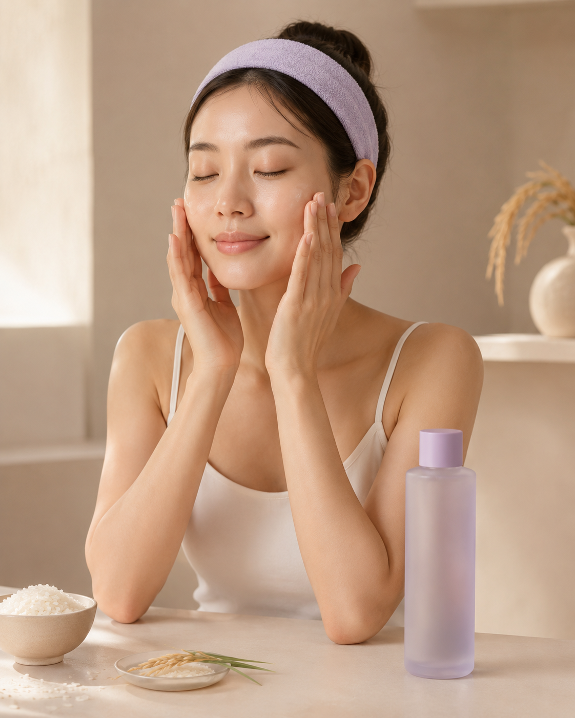 Application d'un soin au riz cosmétique pour l'éclat de la peau