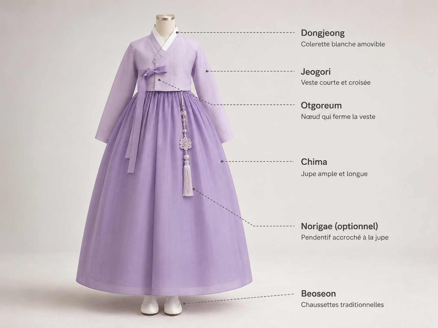 Photo détaillée des différentes parties d'un hanbok coréen