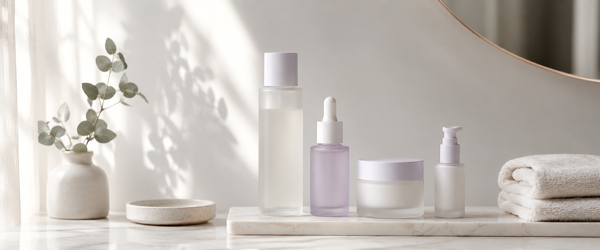 Produits d'une routine coréenne minimaliste sur une salle de bain épurée