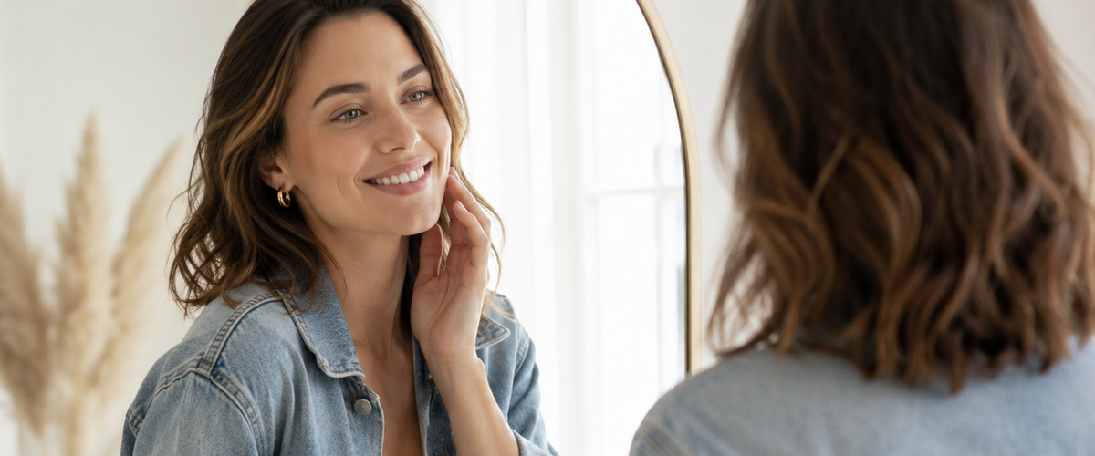 Femme au glow naturel après sa routine de soin K-beauty