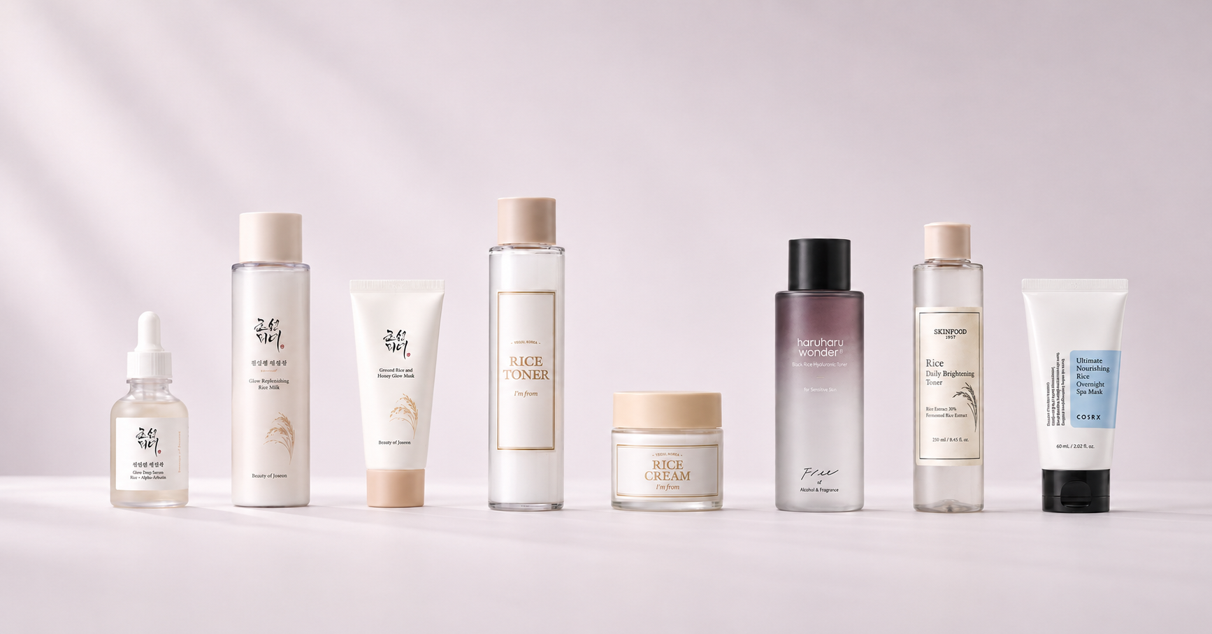 Produits cosmétiques coréens à base de riz : toners, sérums, crèmes"