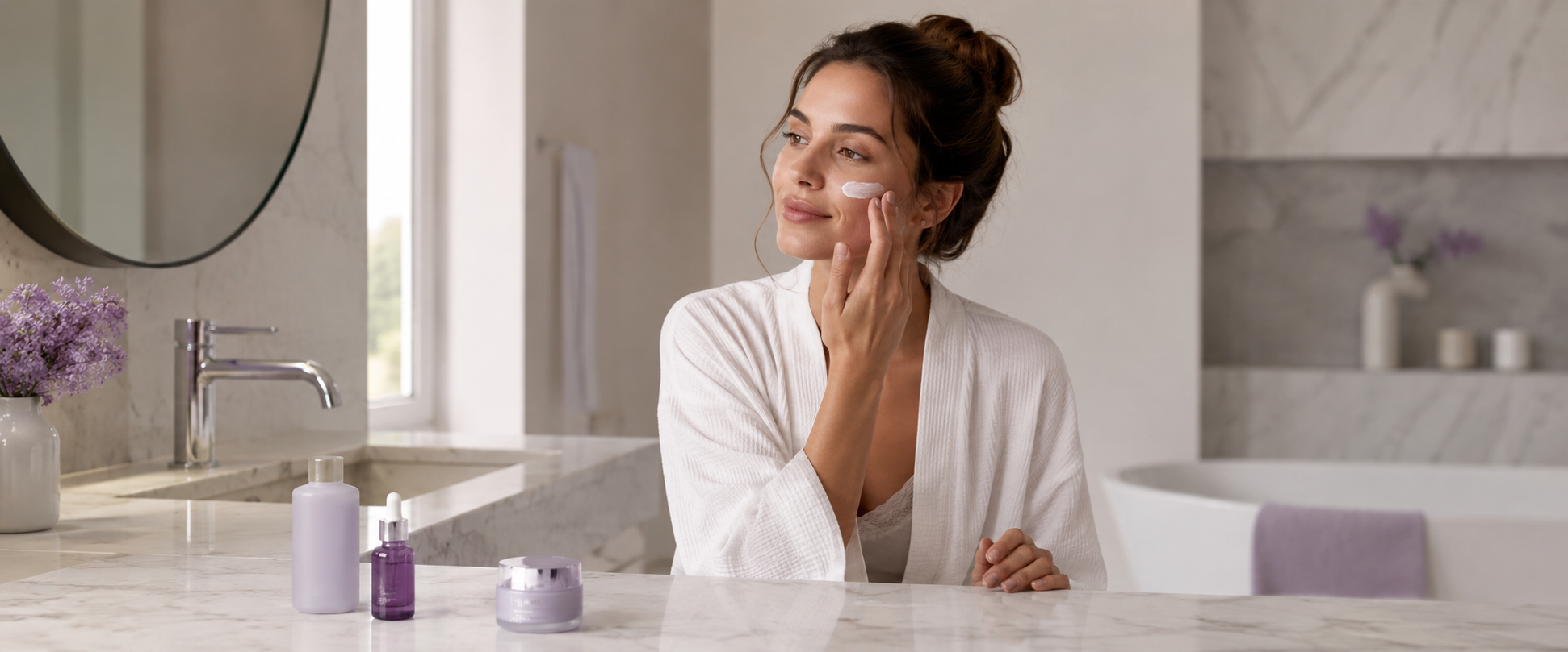 Femme appliquant sa crème dans le cadre d'une routine coréenne quotidienne
